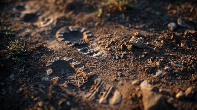 Close-up of shoe prints on a dirt path in natural light