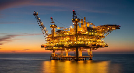 Fototapeta premium An illuminated offshore oil platform stands solitary against a serene twilight sky