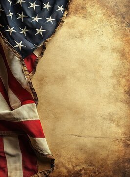 worn american flag draped along left edge over aged parchment background, evoking nostalgia, solemn reflection and vintage patriotism