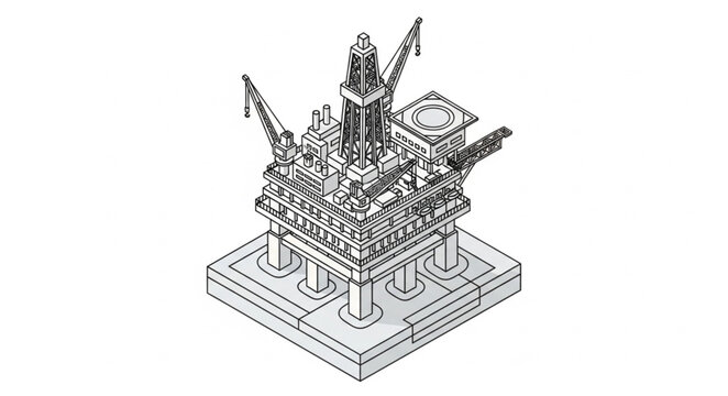 Isometric line drawing of ancient temple complex structure.