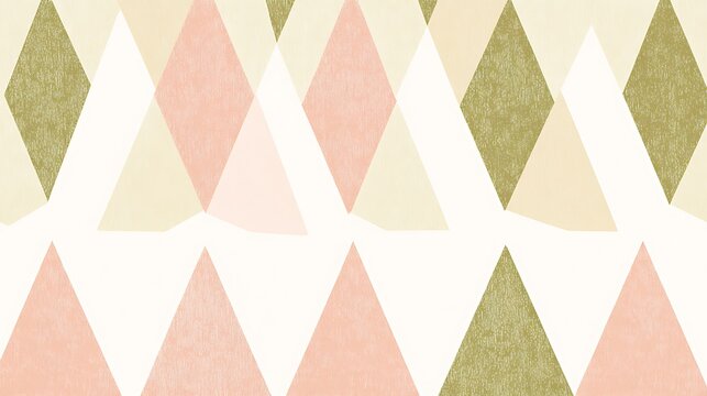 Elegant geometric pattern featuring soft pink, green and white diamond and triangle shapes in a repeating design sequence