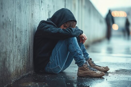 hooded person in black sweatshirt and jeans sitting alone against a concrete wall on rain-soaked pavement with worn brown sneakers, head down in a posture of loneliness and despair