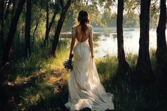Bride in a lace backless gown walking through sunlit woodland toward a shimmering lake, holding a bouquet, serene and romantic mood