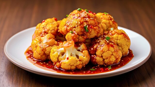 Close up of Gobi Manchurian, a delicious Indo-Chinese fusion cauliflower appetizer covered in spicy umami chili sauce on a white plate.