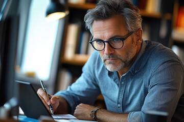 Fototapeta premium Focused mature man with blurred face writing with a pen at a desk beside a tablet, coffee mug and lamp in a cozy book-filled home office