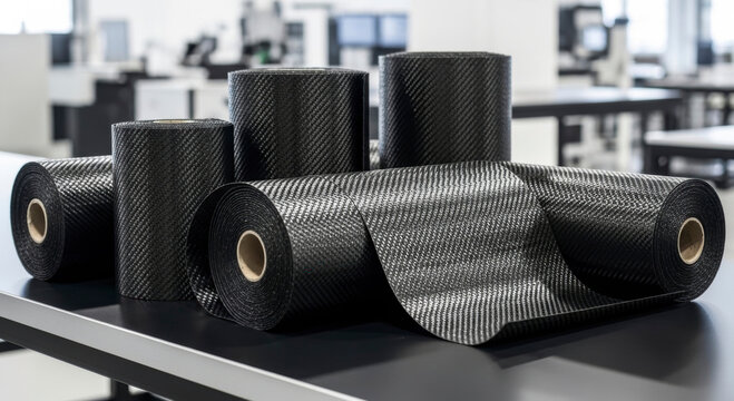 Multiple rolls of woven carbon fiber fabric displayed on a clean manufacturing table, representing advanced engineering, industrial innovation, and modern lightweight materials tec
