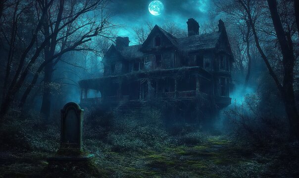 haunting moonlit abandoned victorian mansion with sagging porch and grave marker in a foggy overgrown forest, eerie blue glow and bare trees