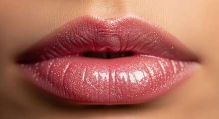 Fototapeta premium Close-up of full, glossy lips with a pink hue.