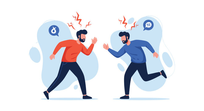 Two men having a fierce disagreement or argument with anger sparks appearing over their heads representing conflict and stress.