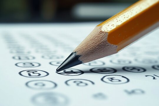 Close-up of a sharpened yellow pencil marking a filled circle on a multiple-choice bubble answer sheet, conveying focus and testing tension