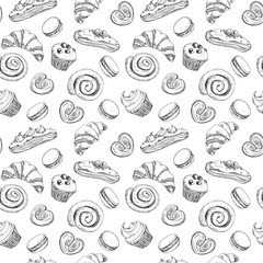Fototapeta premium Sweet pastries seamless vector pattern, hand-drawn in ink. Croissant, muffin, macaroon, palmier, cinnamon roll. Template for label design, menus, recipes, bakery, and coffee shop.