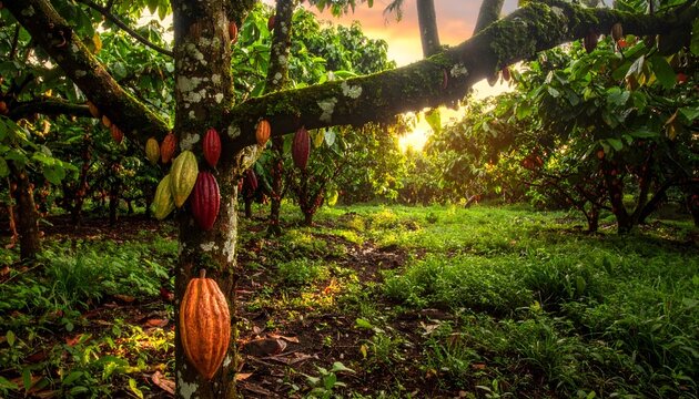 Farmer harvesting ripe cacao pods in lush tropical agroforestry farm with golden sunlight