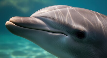 Fototapeta premium A Dolphin's Sleek Head and Dark Eye Observing Its Underwater World with Rippling Light Reflections