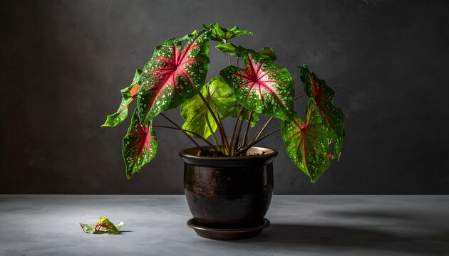 Vibrant pink and green caladium plant in dark ceramic pot on wooden surface