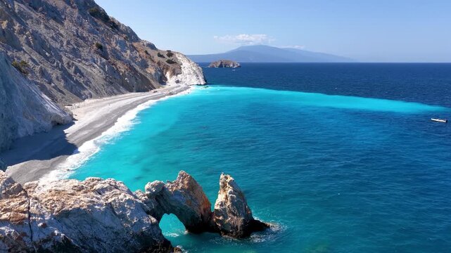 Aerial view of the famous Lalaria beach at Skiathos island, Sporades, Greece, with turquoise, shining sea and no people