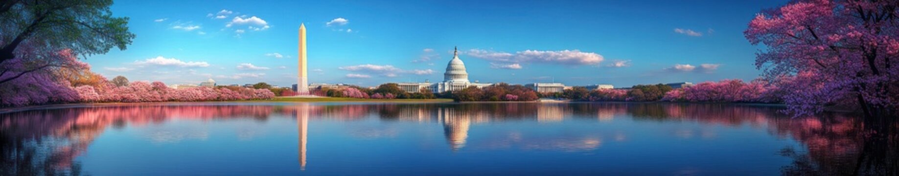 Serene spring sunrise over reflective basin with pink cherry blossom trees, tall obelisk and domed capitol building beneath a clear blue sky