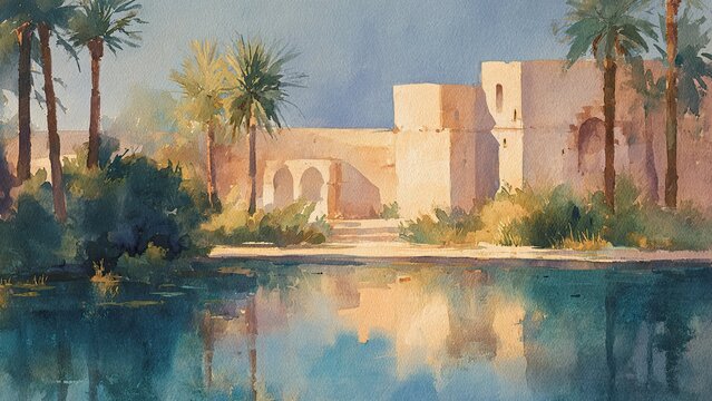 ヤシの木と建築が映るオアシスの水彩風景 中東風リゾート背景