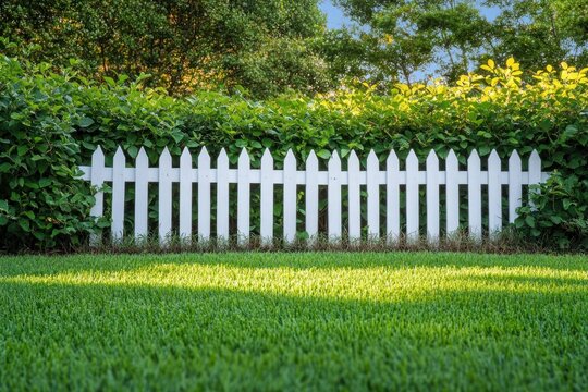 Sunlit manicured lawn with white picket fence and lush green hedge, peaceful suburban backyard scene