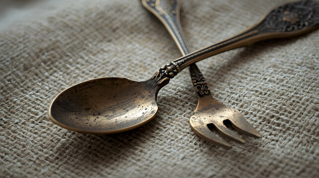 Close-up of vintage brass spoon and fork with ornate handles crossed on a rustic textured fabric surface.