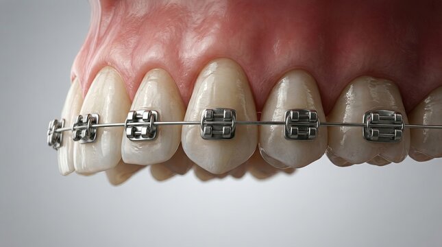 Elegant side view teeth with metal braces and silver archwire macro