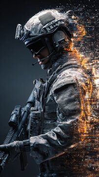 Futuristic soldier in tactical gear with digital disintegration effect