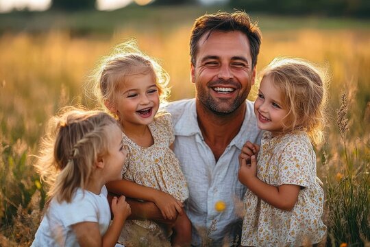 father holding three young daughters in a sunlit golden field at sunset, warm tender family embrace and joyful summer togetherness