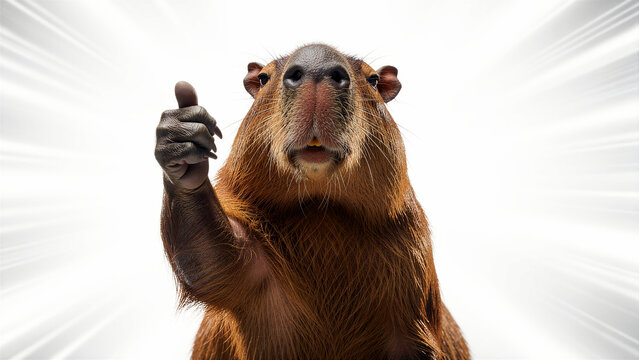 A friendly and engaging capybara, the world's largest semi-aquatic rodent, confidently gives a positive thumbs-up gesture, showcasing its endearing expressive face, prominent whiskers, and thick...