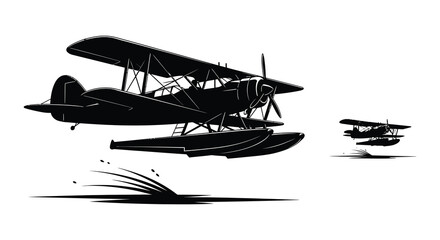 Two vintage biplanes with pontoons soar through the air leaving a trail depicted as a striking silhouette high quality professional detailed © GDMala02