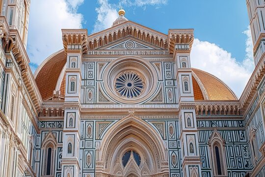 ornate polychrome marble cathedral facade with large rose window, pointed arched entrance, flanking towers and terracotta dome under bright blue sky evoking awe and grandeur