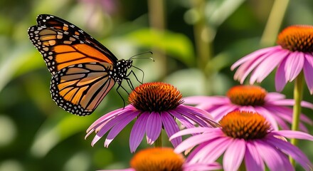 Fototapeta premium Monarch Butterfly Feeding on Purple Flowers.
