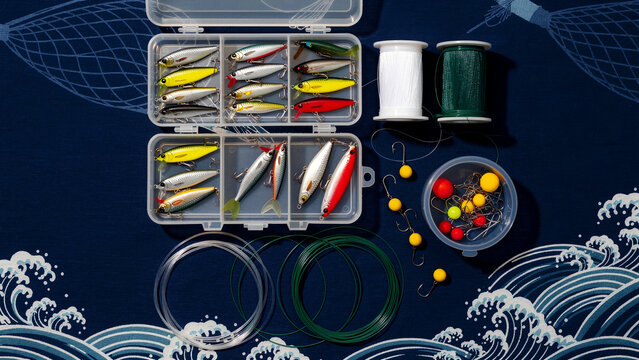 A meticulously arranged collection of vibrant fishing lures in clear tackle boxes, various fishing lines on spools, and an assortment of hooks with colorful bobbers, all neatly presented, ready for