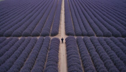 Fototapeta premium Flycam Aerial View of Lavender Fields With Country Road Cinematic Floral Background