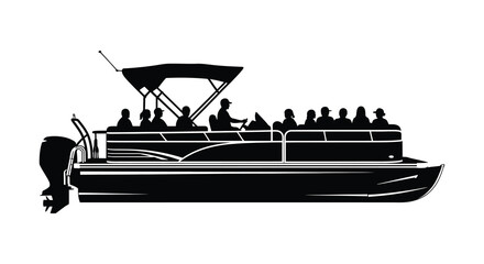 A black silhouette depicts a pontoon boat filled with people enjoying a ride on the water silhouette high quality professional detailed © GDMala02