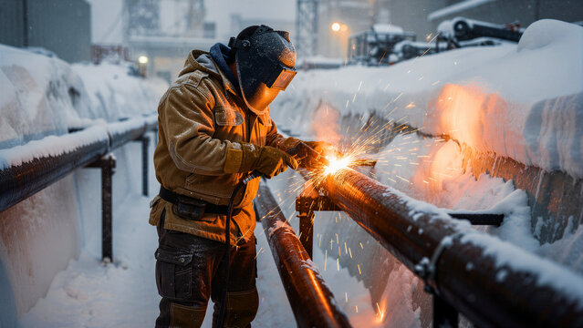 Skilled industrial worker wearing a protective helmet and heavy winter clothing uses a welding torch to join metal pipes together while vibrant sparks fly during a precise repair task performed in...