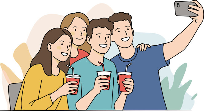 Group of four young friends taking a selfie while holding drinks on a vibrant, illustrated background with cheerful expressions and casual clothing