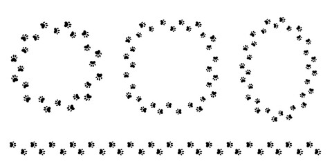 Paw print of a dog or cat. Cute silhouette footpath circle frames set. Wavy walk, marks. Steps of running or walking animal. Curved path of paw prints © Alyona