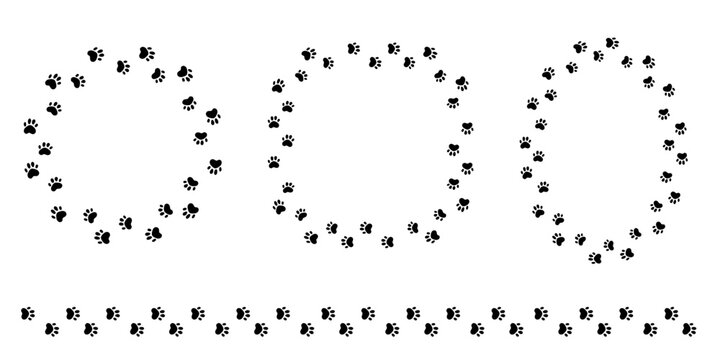 Paw print of a dog or cat. Cute silhouette footpath circle frames set. Wavy walk, marks. Steps of running or walking animal. Curved path of paw prints
