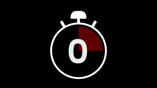 Digital stopwatch countdown timer icon with animation five to zero animation and red progress arc on transparent background for sports or gaming interface.
