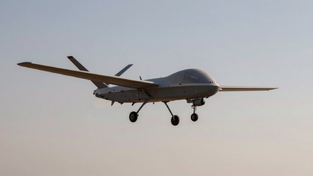 Unmanned aerial vehicle uav mid-flight viewed large military-grade drone sleek aerodynamic design characterize