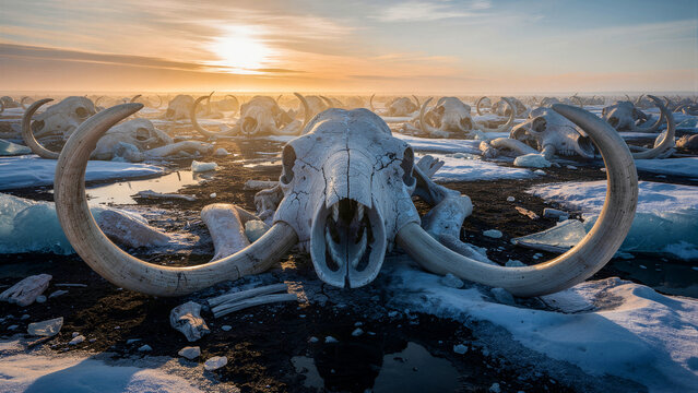 Detailed ivory colored woolly mammoth skull featuring large curved tusks resting on the ground which showcases the ancient anatomy of this massive prehistoric herbivore while highlighting its...