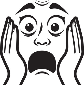 A stylized line art illustration of a face expressing extreme shock or fear, conveying a sense of alarm, panic, or surprise. 