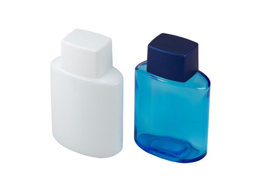 Two glass bottles for lotion or cologne. Isolate on a white background. Cosmetics for men.