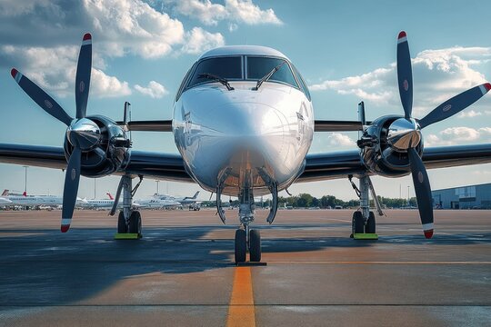 front view of twin-engine turboprop airplane on airport tarmac with propellers, nose gear and wheel chocks, parked planes and hangar in background under dramatic cloudy sky, poised and ready