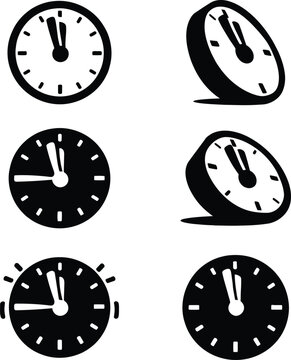 Black and white clock set showing various times with white hands black background