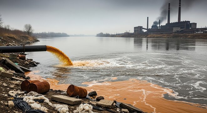 Industrial Pollution Discharging Contaminants into River Near Factory.