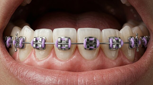  close-up of lower teeth with metal braces and soft lavender colored elastic ligatures