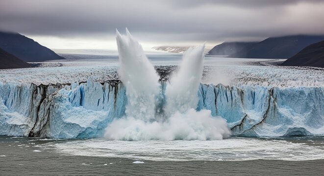 Majestic Glacier Calving with Ice Fragments in Cold Arctic Waters.
