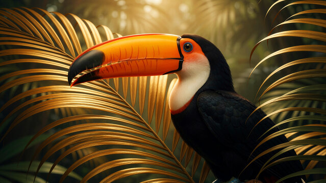 Vibrant toco toucan showcasing its massive bright orange beak and sleek black feathers while maintaining a sharp alert gaze in a detailed high resolution capture that highlights the unique...