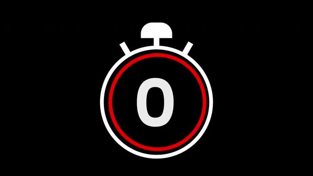 Digital stopwatch countdown timer icon with animation five to zero animation and red progress arc on black background for sports or gaming interface. 2