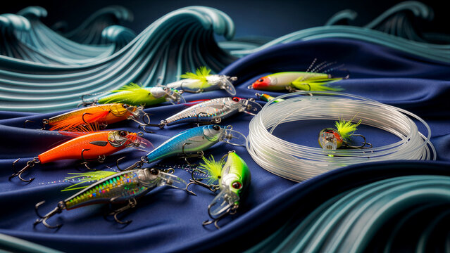 Vibrant colorful fishing lures featuring sharp treble hooks and realistic scale patterns are arranged alongside a transparent spool of nylon monofilament line for sport angling activities...